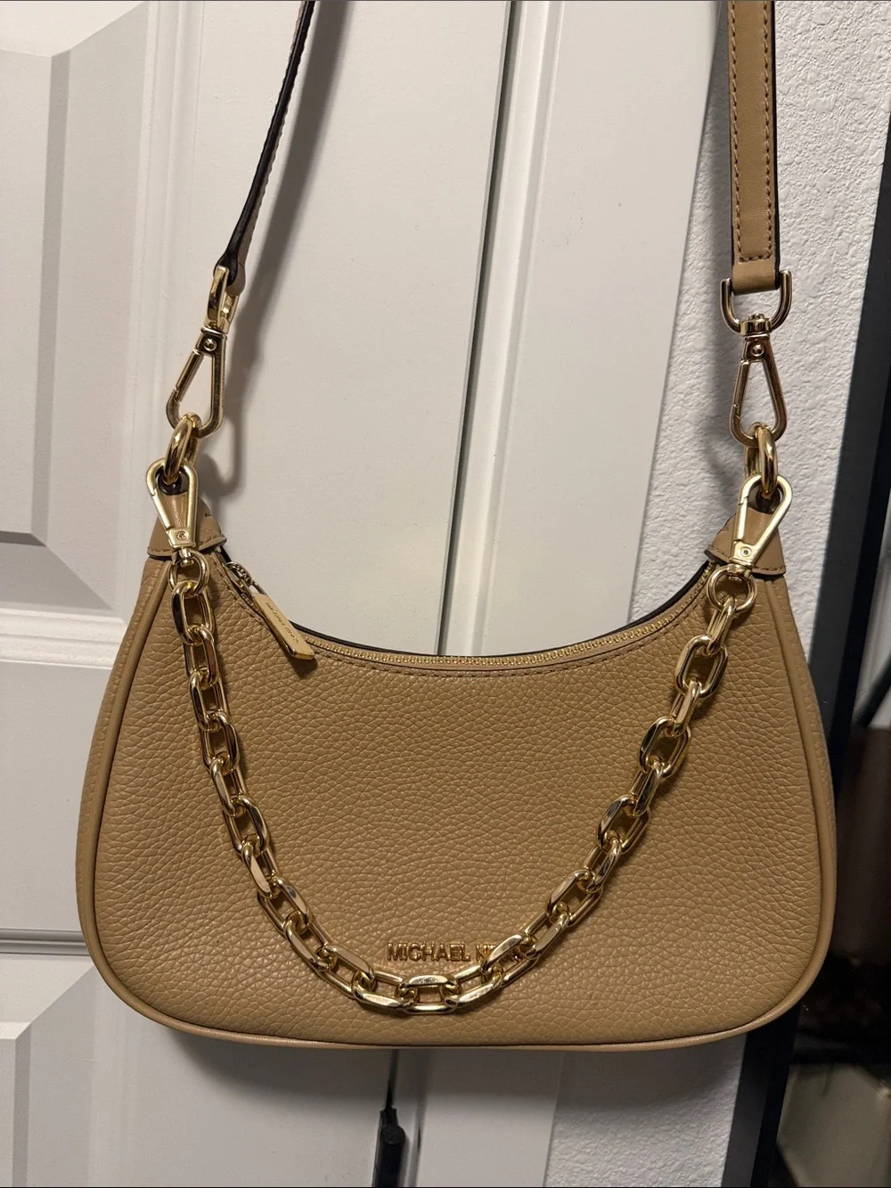 Michael Kors Pebbled Leather Shoulder Bag in Tan with Gold Chain